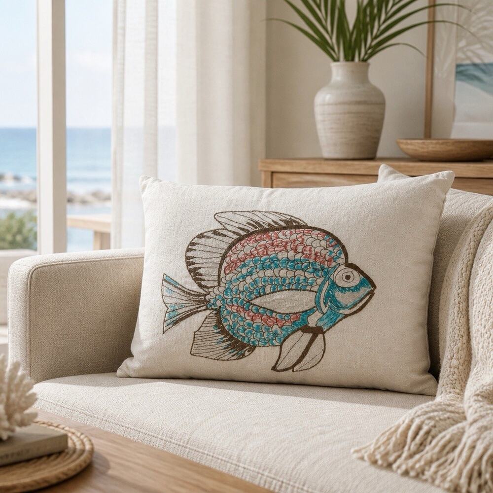 Pier 1 Nautical Beach Embroidery Fish Decorate Pillow 17x12”